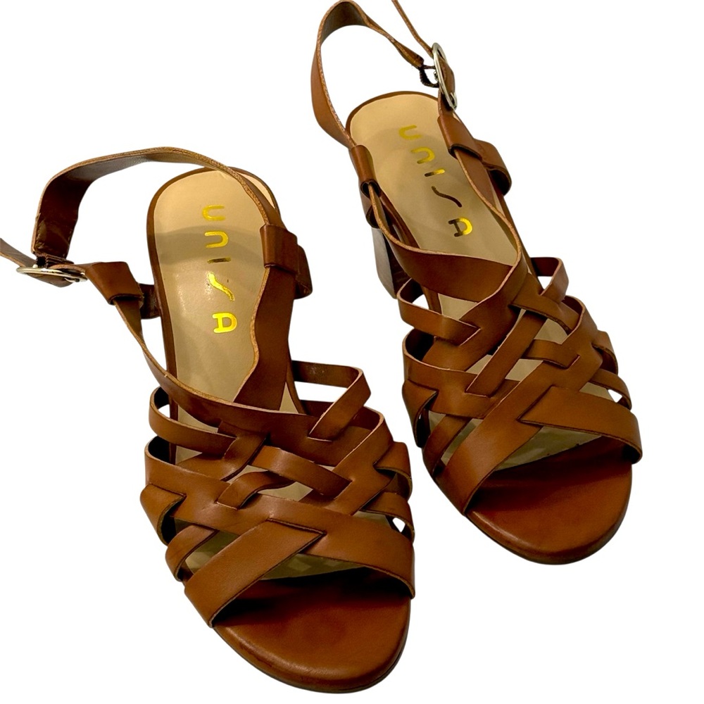 Unisa Women's Unparo‎ Block Heel Strappy Leather Sandals, Dark Natural (Brown)